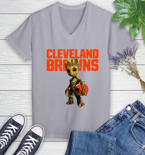 Cleveland Browns NFL Football Groot Marvel Guardians Of The Galaxy Women's V-Neck T-Shirt 4