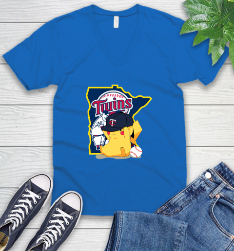 MLB Pikachu Baseball Sports Minnesota Twins V-Neck T-Shirt 6