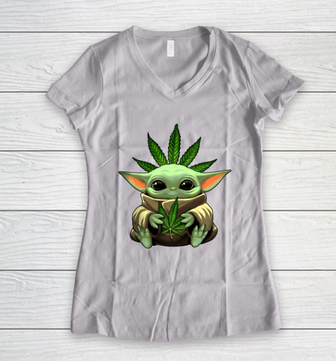 Baby Yoda Hug Marijuana Canabis Women's V-Neck T-Shirt 2