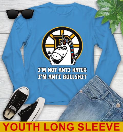 Boston Bruins NHL Hockey Unicorn I'm Not Anti Hater I'm Anti Bullshit Youth Long Sleeve 8