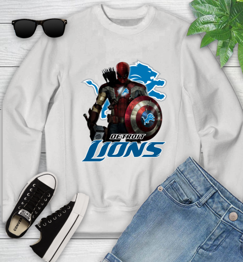 NFL Captain America Thor Spider Man Hawkeye Avengers Endgame Football Detroit Lions Youth Sweatshirt