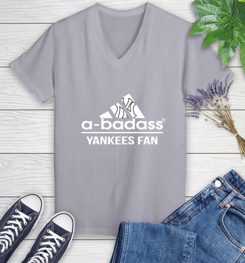 MLB A Badass New York Yankees Fan Adidas Baseball Sports Women's V-Neck T-Shirt 4