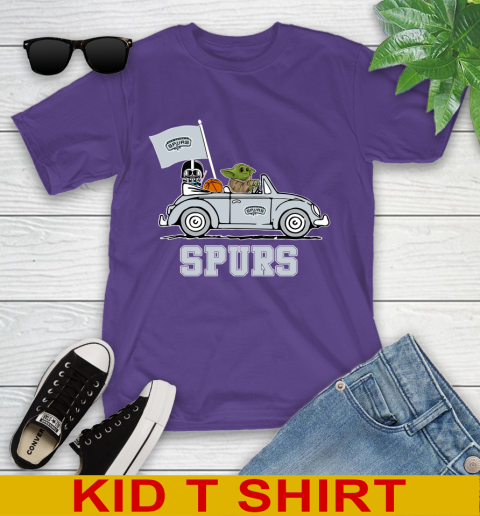 NBA Basketball San Antonio Spurs Darth Vader Baby Yoda Driving Star Wars Shirt Youth T-Shirt 4