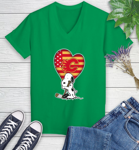 Calgary Flames NHL Hockey The Peanuts Movie Adorable Snoopy Women's V-Neck T-Shirt 5