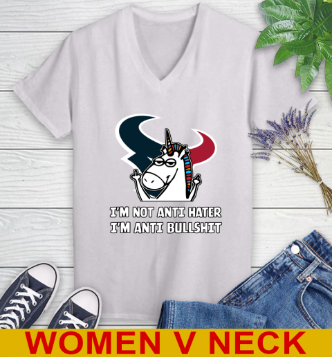 Houston Texans NFL Football Unicorn I'm Not Anti Hater I'm Anti Bullshit Women's V-Neck T-Shirt