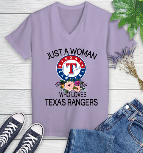 MLB Just A Woman Who Loves Texas Rangers Baseball Sports Women's V-Neck T-Shirt 9