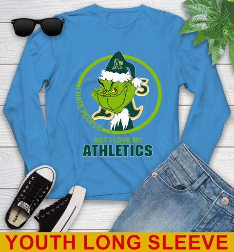 Oakland Athletics MLB Christmas Grinch I Hate People But I Love My Favorite Baseball Team Youth Long Sleeve 8