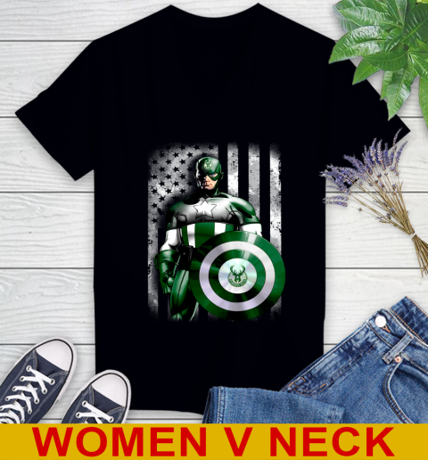 Milwaukee Bucks NBA Basketball Captain America Marvel Avengers American Flag Shirt Women's V-Neck T-Shirt