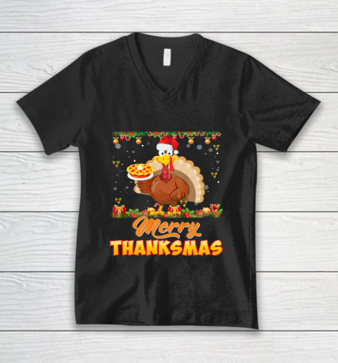 Merry Thanksmas Turkey Santa Elf Thanksgiving Christmas Ugly V-Neck T-Shirt