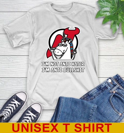 New Jersey Devils NHL Hockey Unicorn I'm Not Anti Hater I'm Anti Bullshit T-Shirt