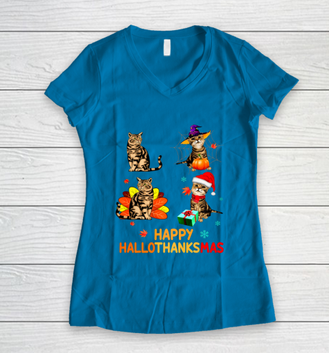 Cat Halloween Thanksgiving Christmas Happy Hallothanksmas Women's V-Neck T-Shirt 5