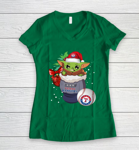Texas Rangers Christmas Baby Yoda Star Wars Funny Happy MLB Women's V-Neck T-Shirt 5
