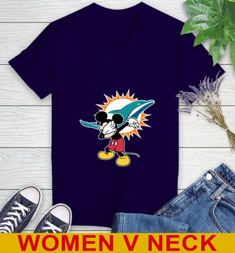Miami Dolphins NFL Football Dabbing Mickey Disney Sports Women's V-Neck T-Shirt 4