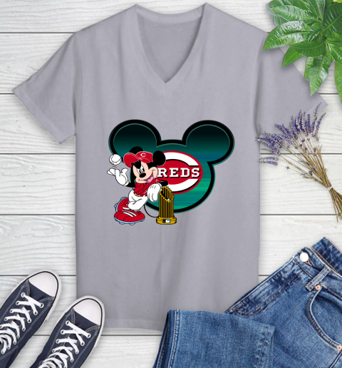 MLB Cincinnati Reds The Commissioner's Trophy Mickey Mouse Disney Women's V-Neck T-Shirt 4
