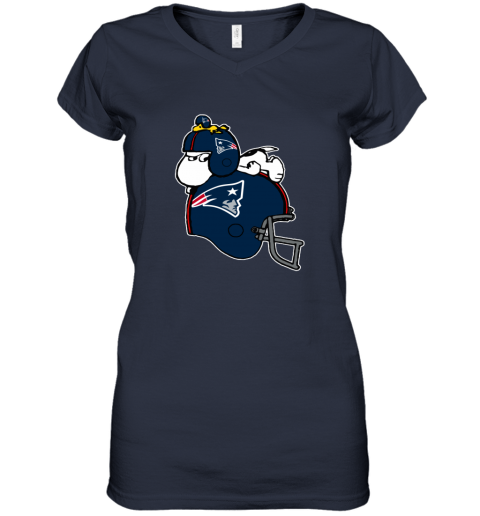 frpm snoopy and woodstock resting on new englands patriots helmet women v neck t shirt 39 front navy