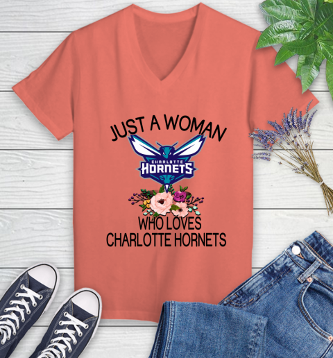 NBA Just A Woman Who Loves Charlotte Hornets Basketball Sports Women's V-Neck T-Shirt 3