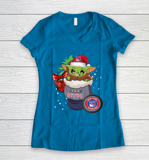 New York Rangers Christmas Baby Yoda Star Wars Funny Happy NHL Women's V-Neck T-Shirt 7