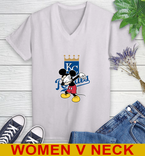 Kansas City Royals MLB Baseball Dabbing Mickey Disney Sports Women's V-Neck T-Shirt