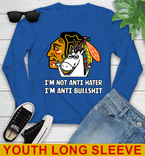 Chicago Blackhawks NHL Hockey Unicorn I'm Not Anti Hater I'm Anti Bullshit Youth Long Sleeve 10