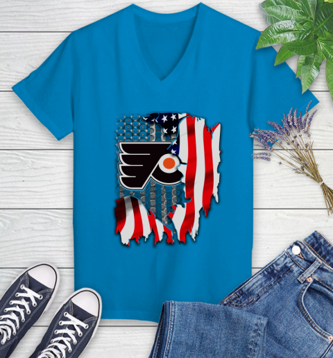 Philadelphia Flyers NHL Hockey American Flag Women's V-Neck T-Shirt 7