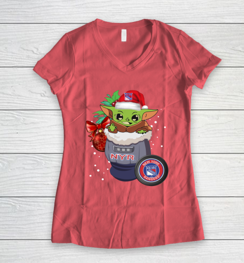 New York Rangers Christmas Baby Yoda Star Wars Funny Happy NHL Women's V-Neck T-Shirt 6