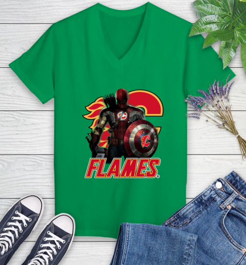 NHL Captain America Thor Spider Man Hawkeye Avengers Endgame Hockey Calgary Flames Women's V-Neck T-Shirt 5