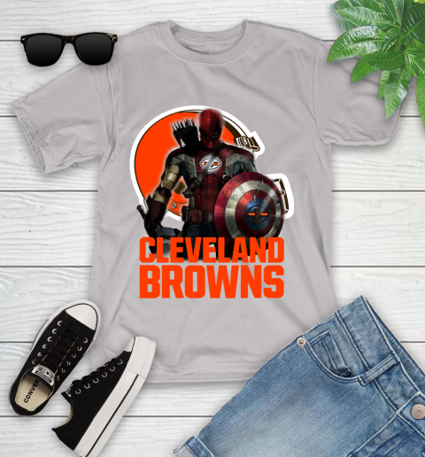 NFL Captain America Thor Spider Man Hawkeye Avengers Endgame Football Cleveland Browns Youth T-Shirt 12