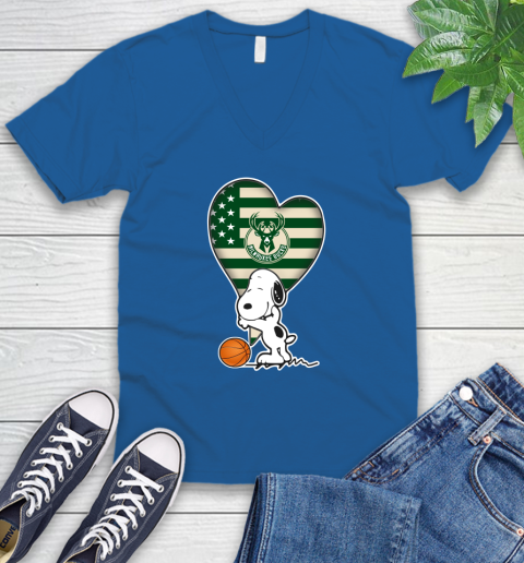 Milwaukee Bucks NBA Basketball The Peanuts Movie Adorable Snoopy V-Neck T-Shirt 6
