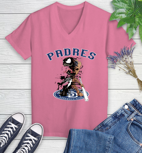 MLB San Diego Padres Baseball Venom Groot Guardians Of The Galaxy Women's V-Neck T-Shirt 13