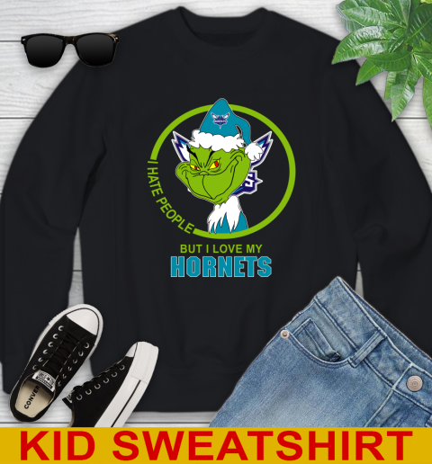 Charlotte Hornets NBA Christmas Grinch I Hate People But I Love My Favorite Basketball Team Youth Sweatshirt 2