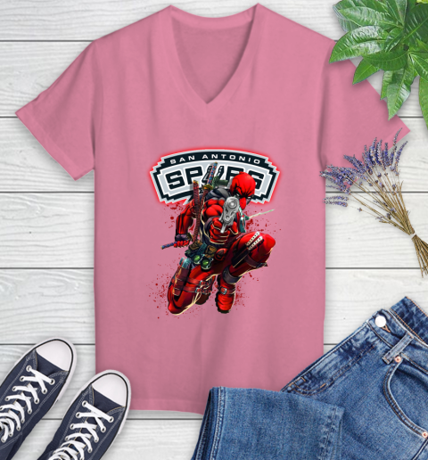 NBA Deadpool Marvel Comics Sports Basketball San Antonio Spurs Women's V-Neck T-Shirt 13