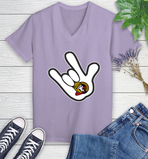 Ottawa Senators NHL Hockey Mickey Rock Hand Disney Women's V-Neck T-Shirt 14
