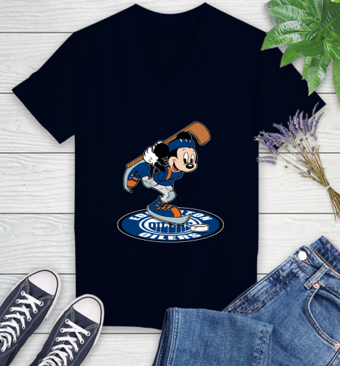 NHL Hockey Edmonton Oilers Cheerful Mickey Disney Shirt Women's V-Neck T-Shirt 3