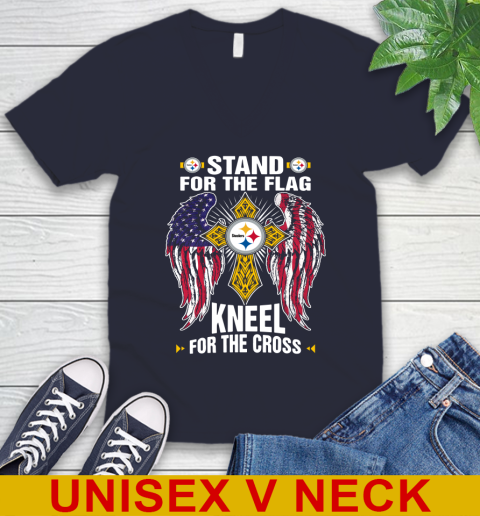 NFL Football Pittsburgh Steelers Stand For Flag Kneel For The Cross Shirt V-Neck T-Shirt 2