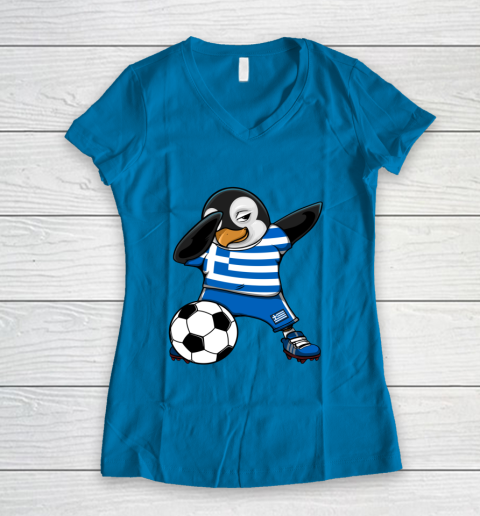 Dabbing Penguin Greece Soccer Fans Jersey Football Lovers Women's V-Neck T-Shirt 4