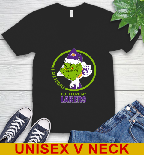 Los Angeles Lakers NBA Christmas Grinch I Hate People But I Love My Favorite Basketball Team V-Neck T-Shirt 2