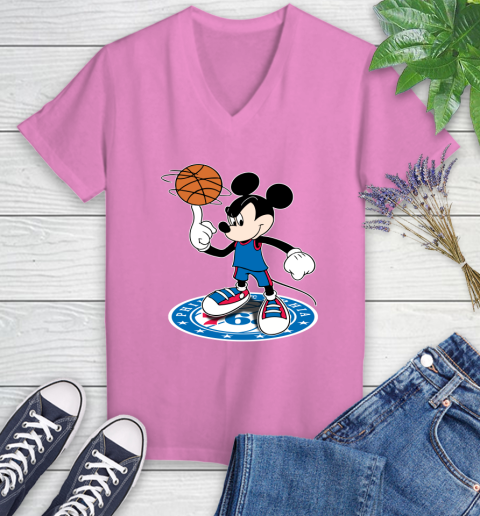 NBA Basketball Philadelphia 76ers Cheerful Mickey Disney Shirt Women's V-Neck T-Shirt - Image 13