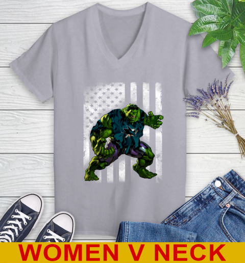 San Jose Sharks Hulk Marvel Avengers NHL Hockey American Flag Women's V-Neck T-Shirt 4