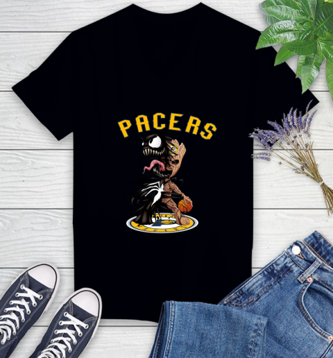 NBA Indiana Pacers Basketball Venom Groot Guardians Of The Galaxy Women's V-Neck T-Shirt 2