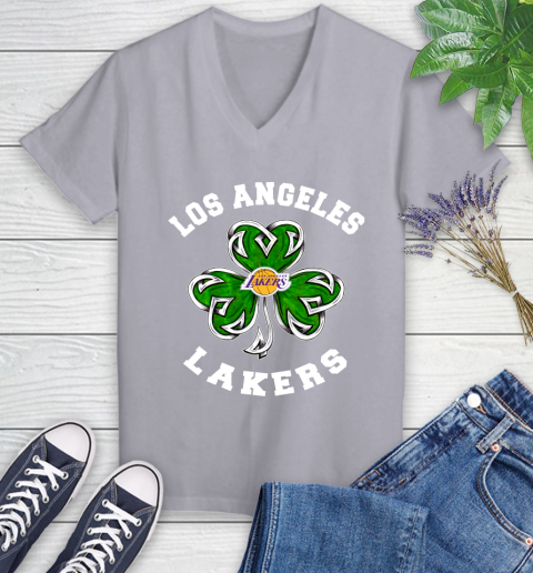 NBA Los Angeles Lakers Three Leaf Clover St Patrick's Day Basketball Sports Women's V-Neck T-Shirt 4