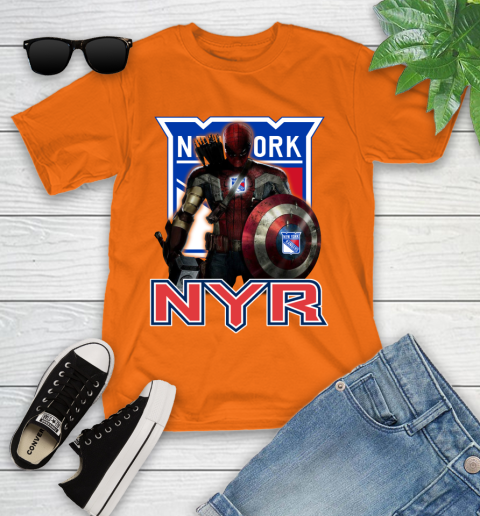 NHL Captain America Thor Spider Man Hawkeye Avengers Endgame Hockey New York Rangers Youth T-Shirt 7