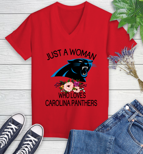 NFL Just A Woman Who Loves Carolina Panthers Football Sports Women's V-Neck T-Shirt 7