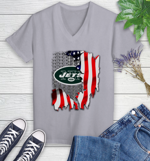 New York Jets NFL Football American Flag Women's V-Neck T-Shirt 4
