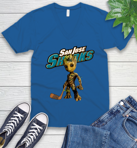 San Jose Sharks NHL Hockey Groot Marvel Guardians Of The Galaxy V-Neck T-Shirt 6