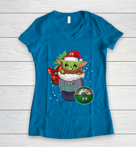 Boston Celtics Christmas Baby Yoda Star Wars Funny Happy NBA Women's V-Neck T-Shirt 7