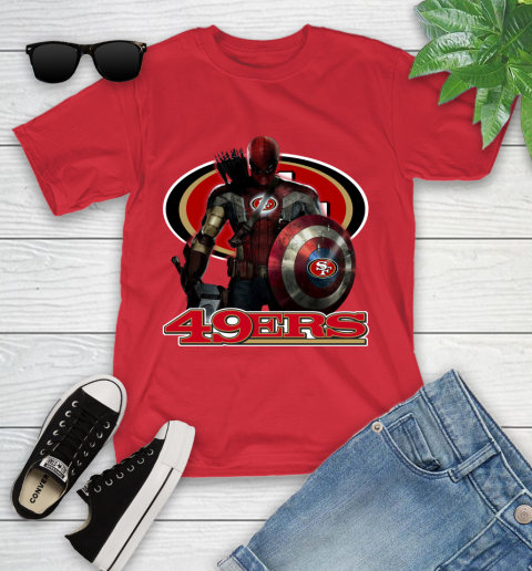 NFL Captain America Thor Spider Man Hawkeye Avengers Endgame Football San Francisco 49ers Youth T-Shirt 10