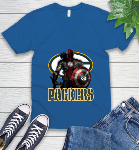 NFL Captain America Thor Spider Man Hawkeye Avengers Endgame Football Green Bay Packers V-Neck T-Shirt 6