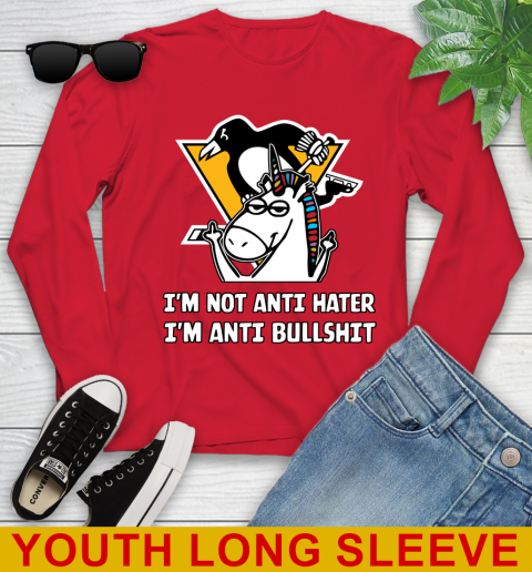 Pittsburgh Penguins NHL Hockey Unicorn I'm Not Anti Hater I'm Anti Bullshit Youth Long Sleeve 11