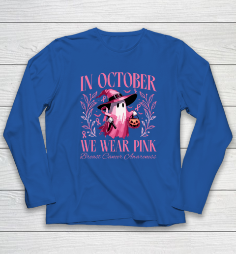 In October We Wear Pink Witch Ghost Pumpkin Breast Cancer Long Sleeve T-Shirt 5