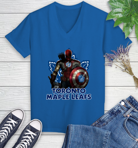 NHL Captain America Thor Spider Man Hawkeye Avengers Endgame Hockey Toronto Maple Leafs Women's V-Neck T-Shirt 10